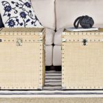 william sonoma home cube natural raffia nailhead trim nickel fittings hardware storage side table pair living room coffee table